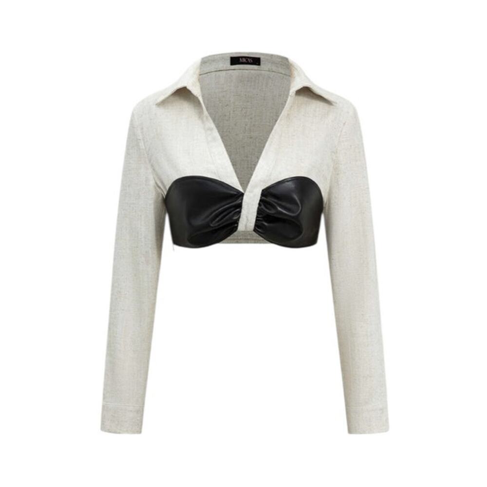 Micas Women's Large Beige Colorblock Faux Leather Linen Ruched Long-Sleeve Shirt